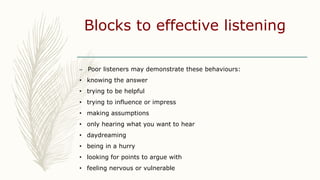 Blocks to effective listening
– Poor listeners may demonstrate these behaviours:
• knowing the answer
• trying to be helpf...