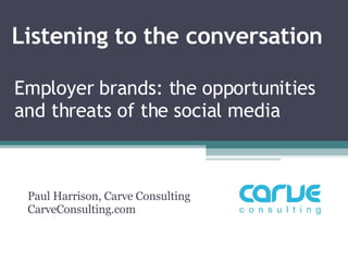 Listening to the conversation Paul Harrison, Carve Consulting CarveConsulting.com Employer brands: the opportunities and threats of the social media  