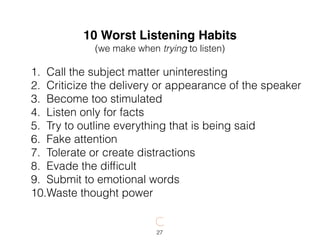 27
10 Worst Listening Habits
(we make when trying to listen) 
1. Call the subject matter uninteresting
2. Criticize the delivery or appearance of the speaker
3. Become too stimulated
4. Listen only for facts
5. Try to outline everything that is being said
6. Fake attention
7. Tolerate or create distractions
8. Evade the difﬁcult
9. Submit to emotional words
10.Waste thought power
 