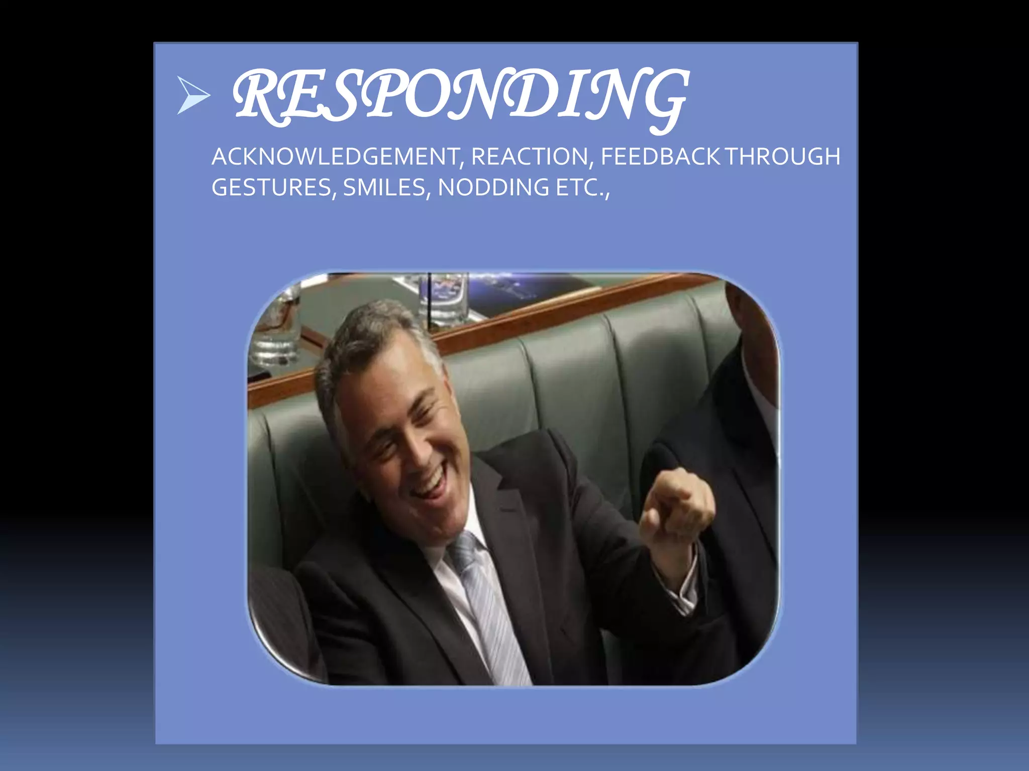  RESPONDING
ACKNOWLEDGEMENT, REACTION, FEEDBACK THROUGH
GESTURES, SMILES, NODDING ETC.,

 