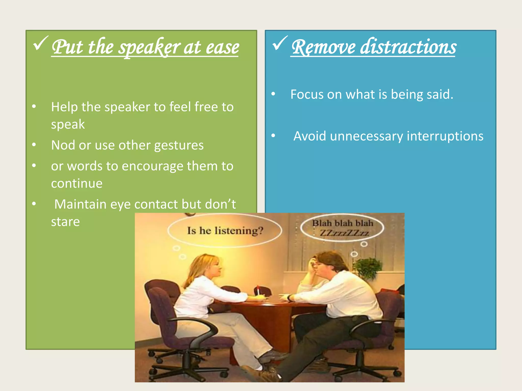 Put the speaker at ease
• Help the speaker to feel free to
speak
• Nod or use other gestures
• or words to encourage them to
continue
• Maintain eye contact but don’t
stare

Remove distractions
• Focus on what is being said.

•

Avoid unnecessary interruptions

 