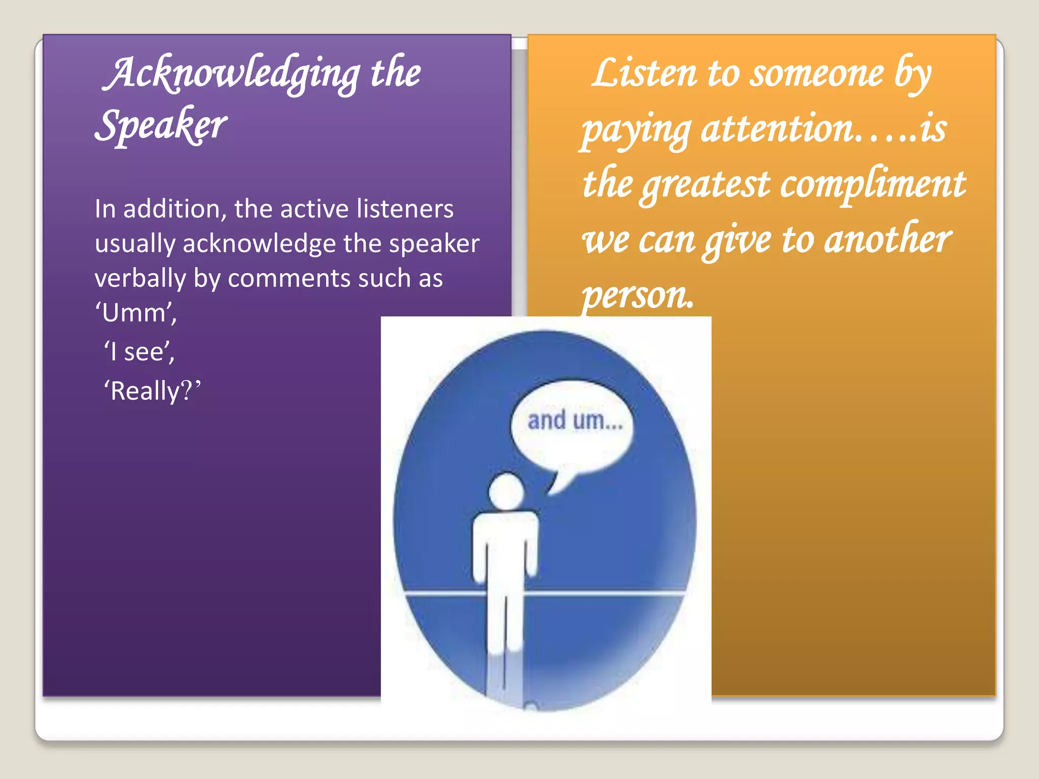 Acknowledging the
Speaker
In addition, the active listeners
usually acknowledge the speaker
verbally by comments such as
‘Umm’,
‘I see’,
‘Really?’

Listen to someone by
paying attention…..is
the greatest compliment
we can give to another
person.

 