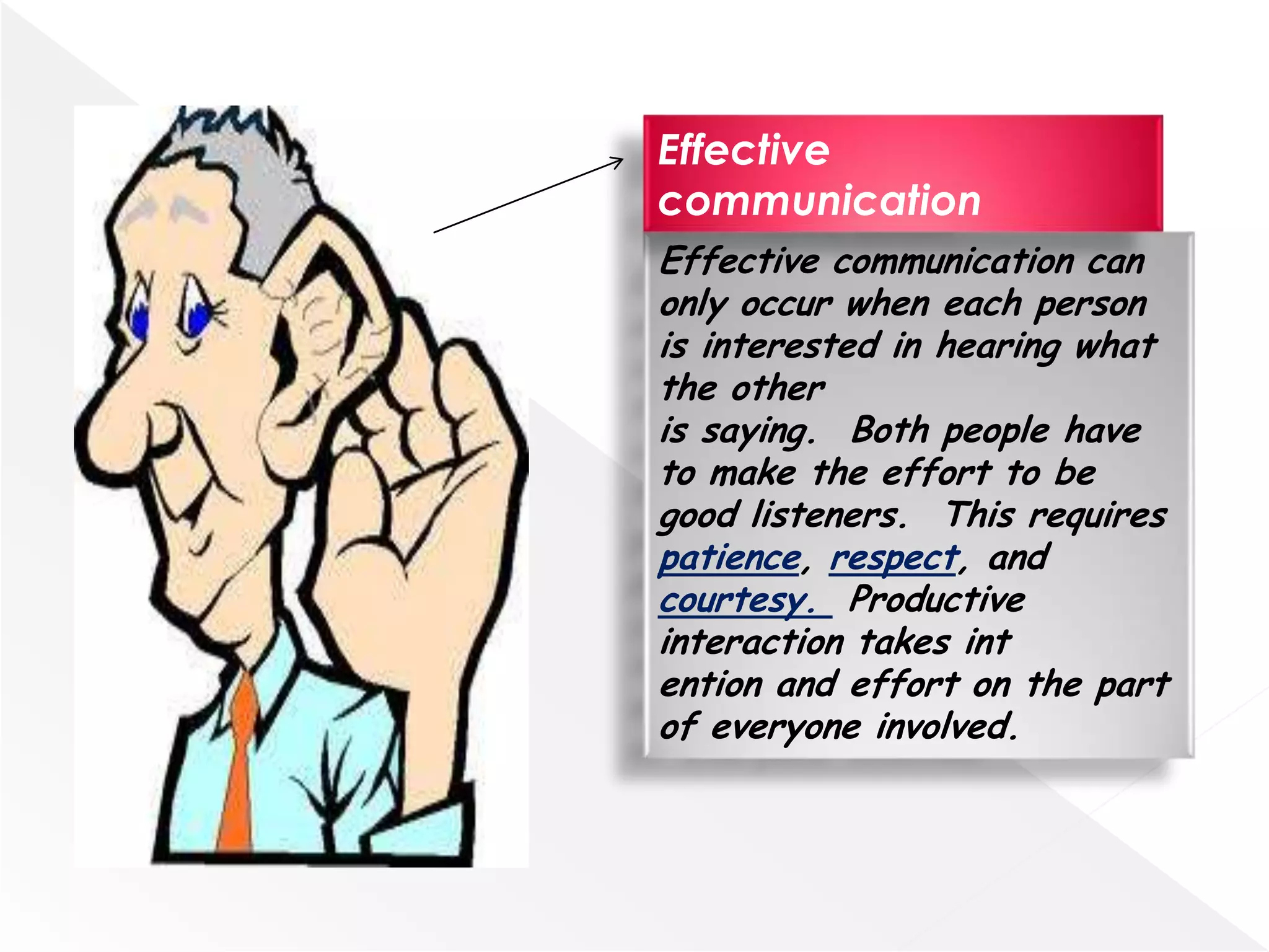 Effective
communication
Effective communication can
only occur when each person
is interested in hearing what
the other
is saying. Both people have
to make the effort to be
good listeners. This requires
patience, respect, and
courtesy. Productive
interaction takes int
ention and effort on the part
of everyone involved.

 