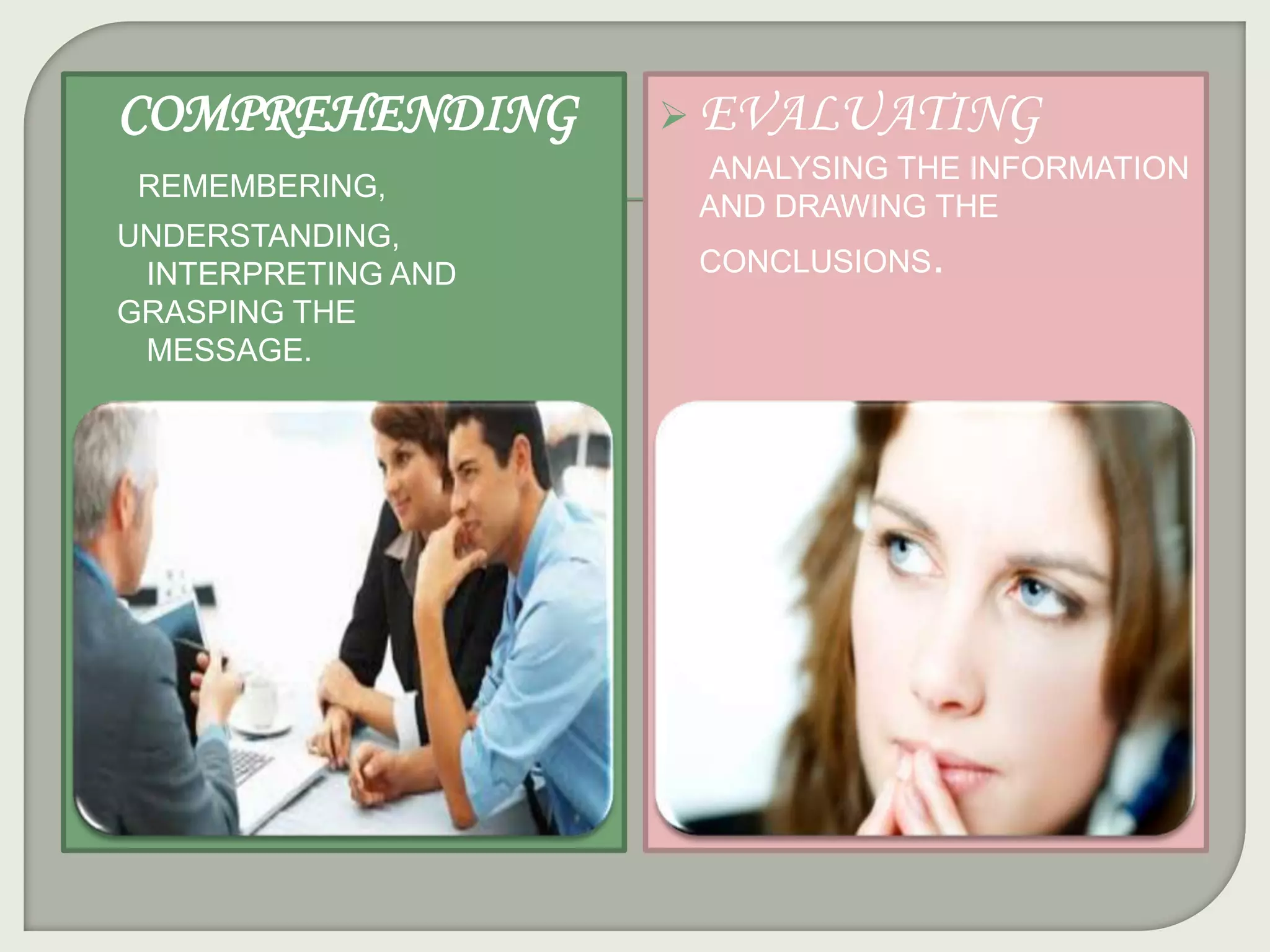  COMPREHENDING
REMEMBERING,
UNDERSTANDING,
INTERPRETING AND
GRASPING THE
MESSAGE.

 EVALUATING
ANALYSING THE INFORMATION
AND DRAWING THE
CONCLUSIONS.

 