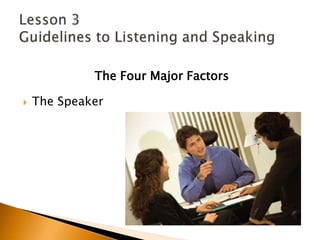 The Four Major FactorsThe SpeakerLesson 3 Guidelines to Listening and Speaking