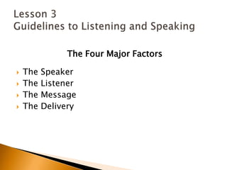 The Four Major FactorsThe SpeakerThe ListenerThe MessageThe DeliveryLesson 3 Guidelines to Listening and Speaking