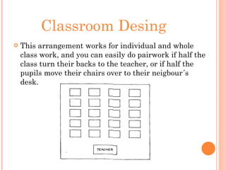 Classroom Desing This arrangement works for individual and whole class work, and you can easily do pairwork if half the class turn their backs to the teacher, or if half the pupils move their chairs over to their neigbour´s desk.  