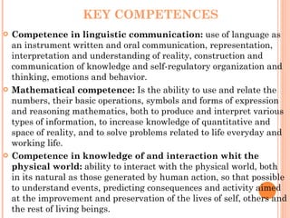 KEY COMPETENCES Competence in linguistic communication:  use of language as an instrument written and oral communication, representation, interpretation and understanding of reality, construction and communication of knowledge and self-regulatory organization and thinking, emotions and behavior. Mathematical competence:  Is the ability to use and relate the numbers, their basic operations, symbols and forms of expression and reasoning mathematics, both to produce and interpret various types of information, to increase knowledge of quantitative and space of reality, and to solve problems related to life everyday and working life. Competence in knowledge of and interaction whit the physical world:  ability to interact with the physical world, both in its natural as those generated by human action, so that possible to understand events, predicting consequences and activity aimed at the improvement and preservation of the lives of self, others and the rest of living beings. 