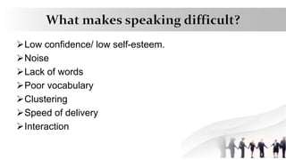 Low confidence/ low self-esteem.
Noise
Lack of words
Poor vocabulary
Clustering
Speed of delivery
Interaction
 