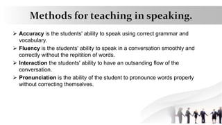  Accuracy is the students' ability to speak using correct grammar and
vocabulary.
 Fluency is the students' ability to speak in a conversation smoothly and
correctly without the repitition of words.
 Interaction the students' ability to have an outsanding flow of the
conversation.
 Pronunciation is the ability of the student to pronounce words properly
without correcting themselves.
 