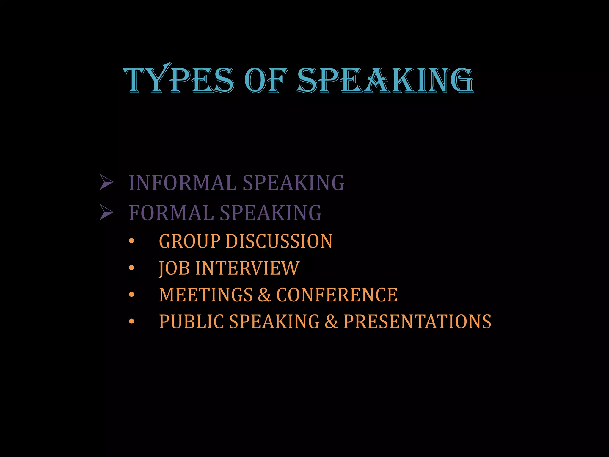 TYPES OF SPEAKING

 INFORMAL SPEAKING
 FORMAL SPEAKING
  •   GROUP DISCUSSION
  •   JOB INTERVIEW
  •   MEETINGS & CONFERENCE
  •   PUBLIC SPEAKING & PRESENTATIONS
 
