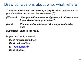 Draw conclusions about who, what, where
The clues your class, homework, and quiz tell us that the man is
probably a teacher, so we choose answer (C).

(Woman)

Can you tell me what assignments I missed when
I was absent from your class?

(Man)

You missed one homework assignment and a
quiz.

(Question) Who is the man?
In your test book, you read:
(A) A newspaper editor.
(B) A police officer.
(C) A teacher. 
(D) A student.

16

 
