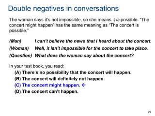 Double negatives in conversations
The woman says it’s not impossible, so she means it is possible. “The
concert might happen” has the same meaning as “The concert is
possible.”
(Man)

I can’t believe the news that I heard about the concert.

(Woman)

Well, it isn’t impossible for the concert to take place.

(Question) What does the woman say about the concert?
In your test book, you read:
(A) There’s no possibility that the concert will happen.
(B) The concert will definitely not happen.
(C) The concert might happen. 
(D) The concert can’t happen.

29

 