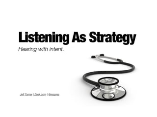 Listening As Strategy
Hearing with intent.




Jeff Turner | Zeek.com | @respres
 