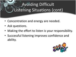 Avoiding Difficult
         Listening Situations (cont)

•   Concentration and energy are needed.
•   Ask questions.
•   Making the effort to listen is your responsibility.
•   Successful listening improves confidence and
    ability.
 