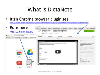What is DictaNote 
• It’s a Chrome browser plugin see 
https://chrome.google.com/webstore/detail/dictanote-speech-recogniz/aomjekmpappghadlogpigifkghlmebjk?hl=en 
• Runs here 
https://dictanote.co/ 
Vance Stevens Nov 26, 2014 KBZAC 
 