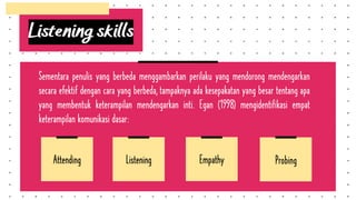 Listening skills
Sementara penulis yang berbeda menggambarkan perilaku yang mendorong mendengarkan
secara efektif dengan cara yang berbeda, tampaknya ada kesepakatan yang besar tentang apa
yang membentuk keterampilan mendengarkan inti. Egan (1998) mengidentifikasi empat
keterampilan komunikasi dasar:
Attending
Attending
Attending Listening
Listening
Listening Empathy
Empathy
Empathy Probing
Probing
Probing
 