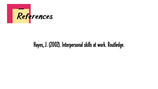 References
Hayes, J. (2002). Interpersonal skills at work. Routledge.
 