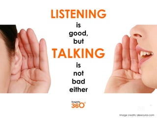 LISTENING
is
good,
but

TALKING
is
not
bad
either

Image credits: alexrovira.com

 