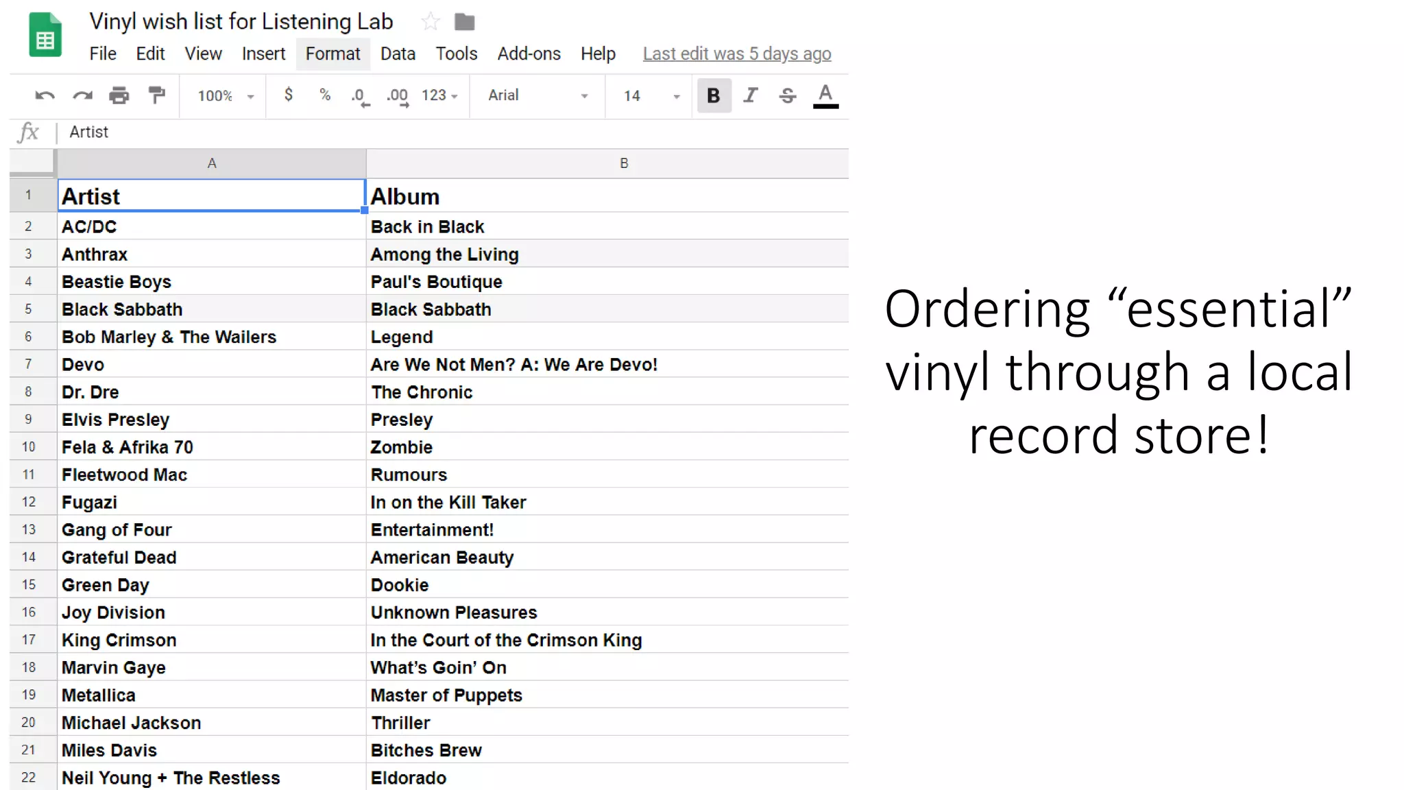 Ordering “essential”
vinyl through a local
record store!
 