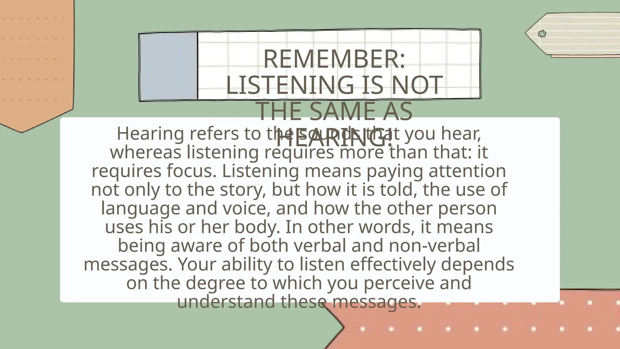REMEMBER:
LISTENING IS NOT
THE SAME AS
HEARING!
Hearing refers to the sounds that you hear,
whereas listening requires more than that: it
requires focus. Listening means paying attention
not only to the story, but how it is told, the use of
language and voice, and how the other person
uses his or her body. In other words, it means
being aware of both verbal and non-verbal
messages. Your ability to listen effectively depends
on the degree to which you perceive and
understand these messages.
 