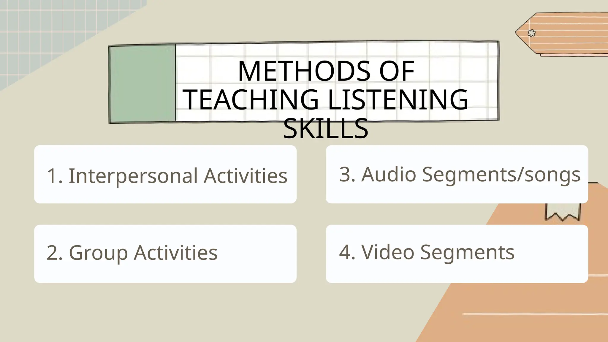 METHODS OF
TEACHING LISTENING
SKILLS
1. Interpersonal Activities 3. Audio Segments/songs
4. Video Segments
2. Group Activities
 