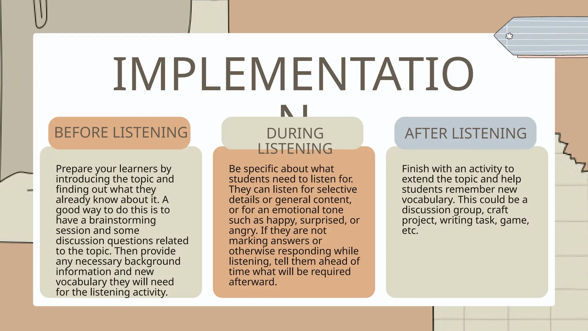 IMPLEMENTATIO
N
Prepare your learners by
introducing the topic and
finding out what they
already know about it. A
good way to do this is to
have a brainstorming
session and some
discussion questions related
to the topic. Then provide
any necessary background
information and new
vocabulary they will need
for the listening activity.
BEFORE LISTENING
Be specific about what
students need to listen for.
They can listen for selective
details or general content,
or for an emotional tone
such as happy, surprised, or
angry. If they are not
marking answers or
otherwise responding while
listening, tell them ahead of
time what will be required
afterward.
DURING
LISTENING
Finish with an activity to
extend the topic and help
students remember new
vocabulary. This could be a
discussion group, craft
project, writing task, game,
etc.
AFTER LISTENING
 