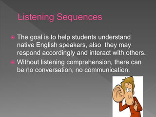  The goal is to help students understand
native English speakers, also they may
respond accordingly and interact with others.
 Without listening comprehension, there can
be no conversation, no communication.
 