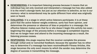 ■ REMEMBERING- it is important listening process because it means that an
individual has not only received and interpreted a message but has also added
it to the mind”s storage bank; but just as our attention is selective, so too is our
memory- what is remembered may be quite different from what was originally
seen or heard.
■ EVALUATING- it is a stage in which active listeners participate; it is at these
point that the active listener weighs evidence, sorts fact from opinion, and
determines the presence or absence of bias or prejudice in a message; the
effective listener makes sure that he or she doesn’t begin this activity too soon ;
beginning this stage of the process before a message is completed requires
that we no longer hear and attend to the incoming message-as a result, the
listening process ceases.
■ RESPONDING- this stage requires that the receiver complete the process
through verbal and/or nonverbal feedback; because the speaker has no other
way to determine if a message has been receivedHealth Fitness Articles, this
stage becomes the only overt means by which the sender may determine the
degree of success in transmitting the message. 15
 