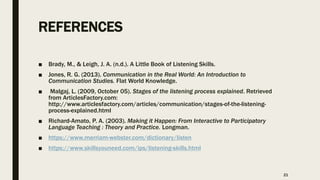 REFERENCES
■ Brady, M., & Leigh, J. A. (n.d.). A Little Book of Listening Skills.
■ Jones, R. G. (2013). Communication in the Real World: An Introduction to
Communication Studies. Flat World Knowledge.
■ Malgaj, L. (2009, October 05). Stages of the listening process explained. Retrieved
from ArticlesFactory.com:
http://www.articlesfactory.com/articles/communication/stages-of-the-listening-
process-explained.html
■ Richard-Amato, P. A. (2003). Making it Happen: From Interactive to Participatory
Language Teaching : Theory and Practice. Longman.
■ https://www.merriam-webster.com/dictionary/listen
■ https://www.skillsyouneed.com/ips/listening-skills.html
21
 