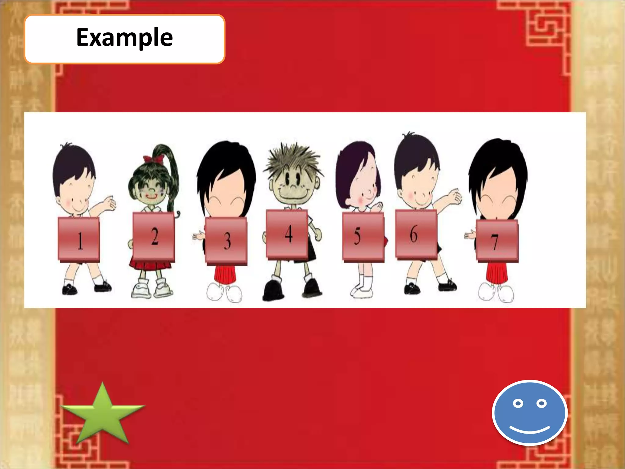 Ordering
Direction:
1. The teacher give students Chinese New Year’s cards.
2. The teacher opens the audio sound 2 times.
3. Each of students help together to order the situation by
standing, side by side and write down the correct order.
4. While students are ordering cards, the teacher will open the
song.
5. Three groups finish this activity first, they will get the rewards.
Example
 