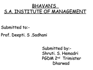 Submitted to:- Prof. Deepti. S .Sadhani Submitted by:- Shruti. S. Hemadri PGDM 2 nd   Trimister   Dharwad BHAVAN’S  S.A. INSTITUTE OF MANAGEMENT 