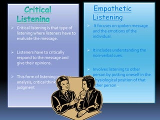  Critical listening is that type of 
listening where listeners have to 
evaluate the message. 
 Listeners have to critically 
respond to the message and 
give their opinions. 
 This form of listening involves 
analysis, critical thinking as well 
judgment 
 It focuses on spoken message 
and the emotions of the 
individual. 
 It includes understanding the 
non-verbal cues. 
 Involves listening to other 
person by putting oneself in the 
physiological position of that 
other person . 
 