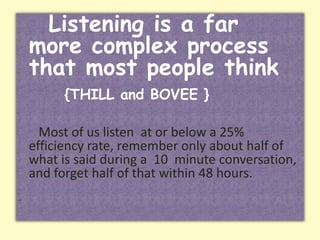 Listening is a far 
more complex process 
that most people think 
{THILL and BOVEE } 
Most of us listen at or below a 25% 
efficiency rate, remember only about half of 
what is said during a 10 minute conversation, 
and forget half of that within 48 hours. 
”. 
 