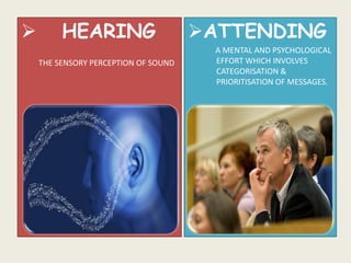  HEARING 
THE SENSORY PERCEPTION OF SOUND 
ATTENDING 
A MENTAL AND PSYCHOLOGICAL 
EFFORT WHICH INVOLVES 
CATEGORISATION & 
PRIORITISATION OF MESSAGES. 
 