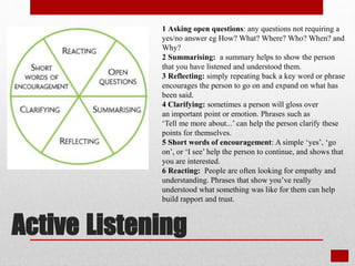 Active Listening
1 Asking open questions: any questions not requiring a
yes/no answer eg How? What? Where? Who? When? and
Why?
2 Summarising: a summary helps to show the person
that you have listened and understood them.
3 Reflecting: simply repeating back a key word or phrase
encourages the person to go on and expand on what has
been said.
4 Clarifying: sometimes a person will gloss over
an important point or emotion. Phrases such as
‘Tell me more about...’ can help the person clarify these
points for themselves.
5 Short words of encouragement: A simple ‘yes’, ‘go
on’, or ‘I see’ help the person to continue, and shows that
you are interested.
6 Reacting: People are often looking for empathy and
understanding. Phrases that show you’ve really
understood what something was like for them can help
build rapport and trust.
 