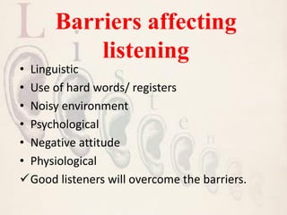 Barriers affecting
listening
• Linguistic
• Use of hard words/ registers
• Noisy environment
• Psychological
• Negative attitude
• Physiological
Good listeners will overcome the barriers.
 