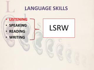 LANGUAGE SKILLS
• LISTENING
• SPEAKING
• READING
• WRITING
LSRW
 