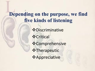 Depending on the purpose, we find
five kinds of listening
Discriminative
Critical
Comprehensive
Therapeutic
Appreciative
 