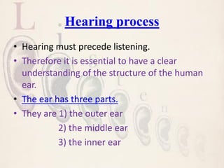 Hearing process
• Hearing must precede listening.
• Therefore it is essential to have a clear
understanding of the structure of the human
ear.
• The ear has three parts.
• They are 1) the outer ear
2) the middle ear
3) the inner ear
 