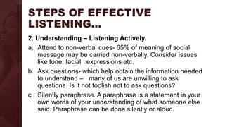 STEPS OF EFFECTIVE
LISTENING…
2. Understanding – Listening Actively.
a. Attend to non-verbal cues- 65% of meaning of social
message may be carried non-verbally. Consider issues
like tone, facial expressions etc.
b. Ask questions- which help obtain the information needed
to understand – many of us are unwilling to ask
questions. Is it not foolish not to ask questions?
c. Silently paraphrase. A paraphrase is a statement in your
own words of your understanding of what someone else
said. Paraphrase can be done silently or aloud.
 