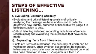 STEPS OF EFFECTIVE
LISTENING…
4. Evaluating- Listening Critically.
• Evaluating and critical listening consists of critically
analyzing the message we have understood in order to
determine how truthful, authentic or believable we judge it to
be ie persuasion to vote.
• Critical listening includes: separating facts from inferences
(conclusions) and evaluating the inferences that have been
made.
a). Separating facts from inferences.
• Facts are items of information, the accuracy of which can be
verified or proven, often by direct observation. By contrast,
inferences are conclusions or generalizations based on what
has been observed ie saw a TV repairer is a fact, TV
 