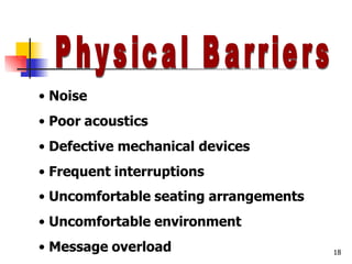 • Noise
• Poor acoustics
• Defective mechanical devices
• Frequent interruptions
• Uncomfortable seating arrangements
• Uncomfortable environment
• Message overload 18
 