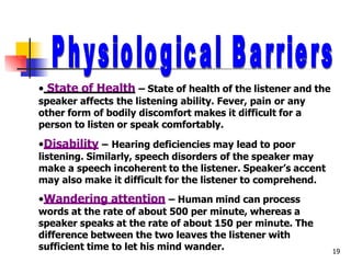 19
• State of Health – State of health of the listener and the
speaker affects the listening ability. Fever, pain or any
other form of bodily discomfort makes it difficult for a
person to listen or speak comfortably.
•Disability – Hearing deficiencies may lead to poor
listening. Similarly, speech disorders of the speaker may
make a speech incoherent to the listener. Speaker’s accent
may also make it difficult for the listener to comprehend.
•Wandering attention – Human mind can process
words at the rate of about 500 per minute, whereas a
speaker speaks at the rate of about 150 per minute. The
difference between the two leaves the listener with
sufficient time to let his mind wander.
 