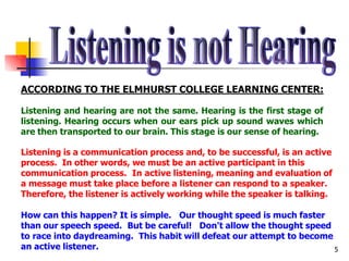 5
ACCORDING TO THE ELMHURST COLLEGE LEARNING CENTER:
Listening and hearing are not the same. Hearing is the first stage of
listening. Hearing occurs when our ears pick up sound waves which
are then transported to our brain. This stage is our sense of hearing.
Listening is a communication process and, to be successful, is an active
process. In other words, we must be an active participant in this
communication process. In active listening, meaning and evaluation of
a message must take place before a listener can respond to a speaker.
Therefore, the listener is actively working while the speaker is talking.
How can this happen? It is simple. Our thought speed is much faster
than our speech speed. But be careful! Don't allow the thought speed
to race into daydreaming. This habit will defeat our attempt to become
an active listener.
 