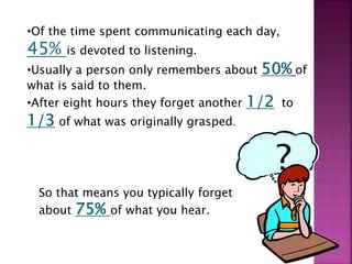 •Of the time spent communicating each day,
45% is devoted to listening.
•Usually a person only remembers about 50% of
what is said to them.
•After eight hours they forget another 1/2 to
1/3 of what was originally grasped.
So that means you typically forget
about 75% of what you hear.
?
 