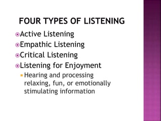 Active Listening
Empathic Listening
Critical Listening
Listening for Enjoyment
 Hearing and processing
relaxing, fun, or emotionally
stimulating information
 