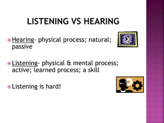  Hearing- physical process; natural;
passive
 Listening- physical & mental process;
active; learned process; a skill
 Listening is hard!
 