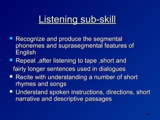 Listening sub-skill
 Recognize and produce the segmental
  phonemes and suprasegmental features of
  English
 Repeat ,after listening to tape ,short and

 fairly longer sentences used in dialogues
 Recite with understanding a number of short
  rhymes and songs
 Understand spoken instructions, directions, short
  narrative and descriptive passages

                                                 11
 
