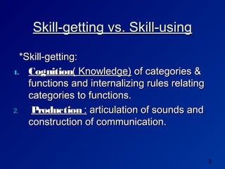 Skill-getting vs. Skill-using

   *Skill-getting:
1. Cognition( Knowledge) of categories &
     functions and internalizing rules relating
     categories to functions.
2.    Production : articulation of sounds and
     construction of communication.


                                                  3
 